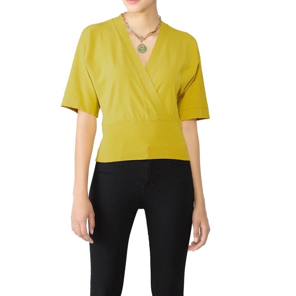 Jean Paul Gaultier Fuzzi Yellow Short Sleeve Sweater XL Draped Surplice V Neck